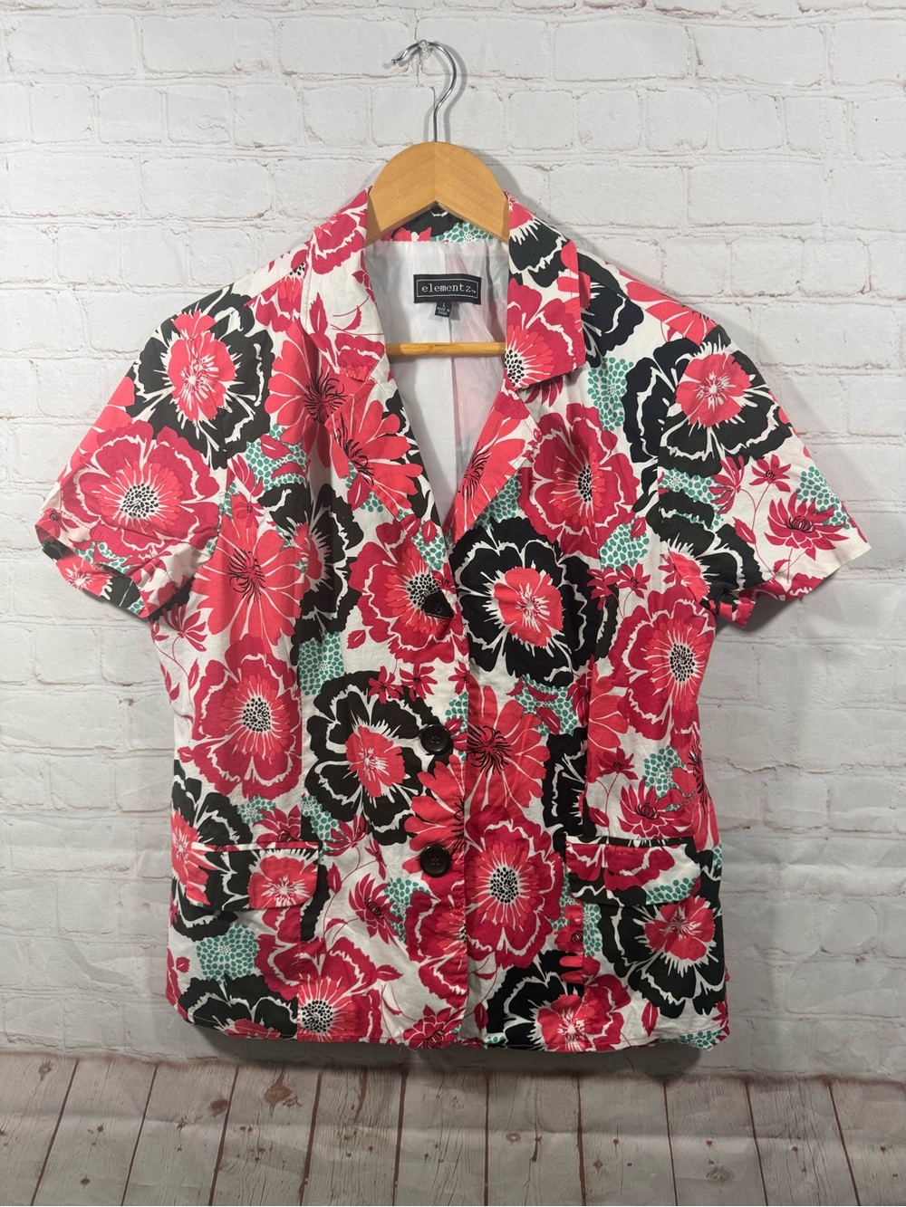 Elementz Floral Short Sleeve Button Front Jacket Pinky Coral/Black Size Large